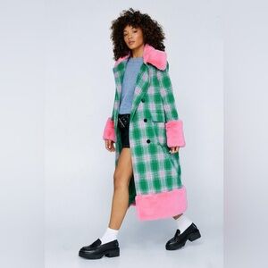 Nasty Gal Faux Fur Trim Green Plaid Coat